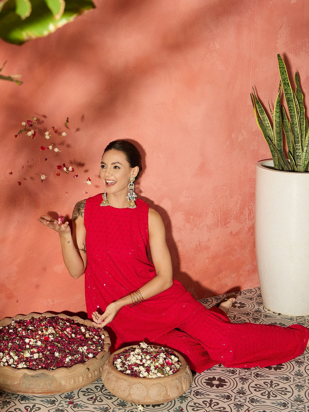 InWeave Red Chikankari Short Kurta Set