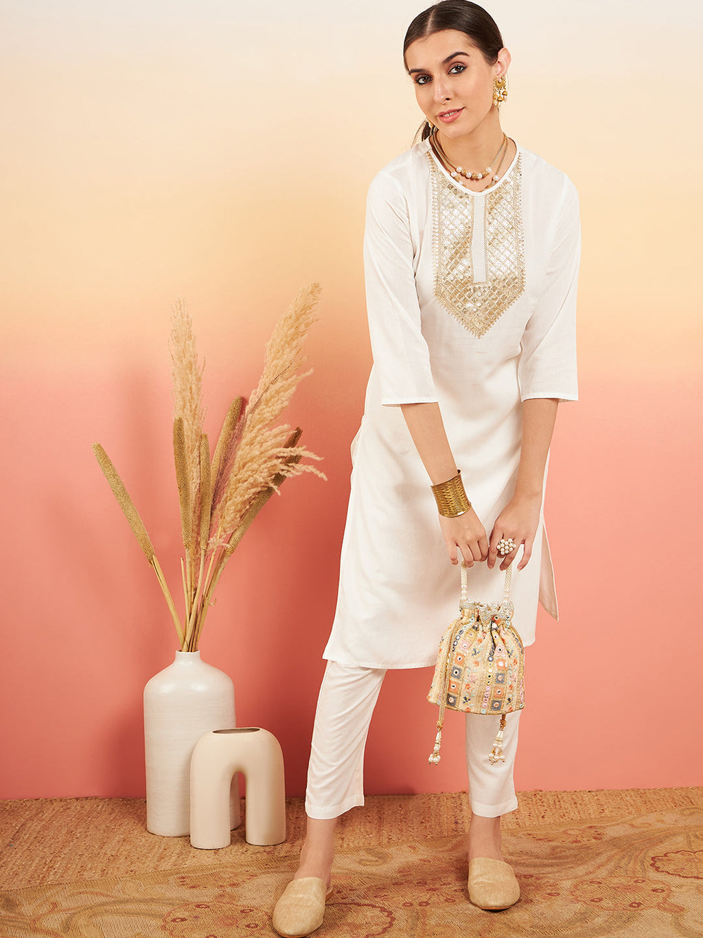InWeave Women's Cream Sequance Patch Work Kurta Set