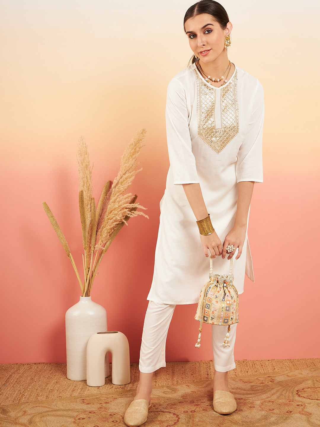 InWeave Women's Cream Sequance Patch Work Kurta Set