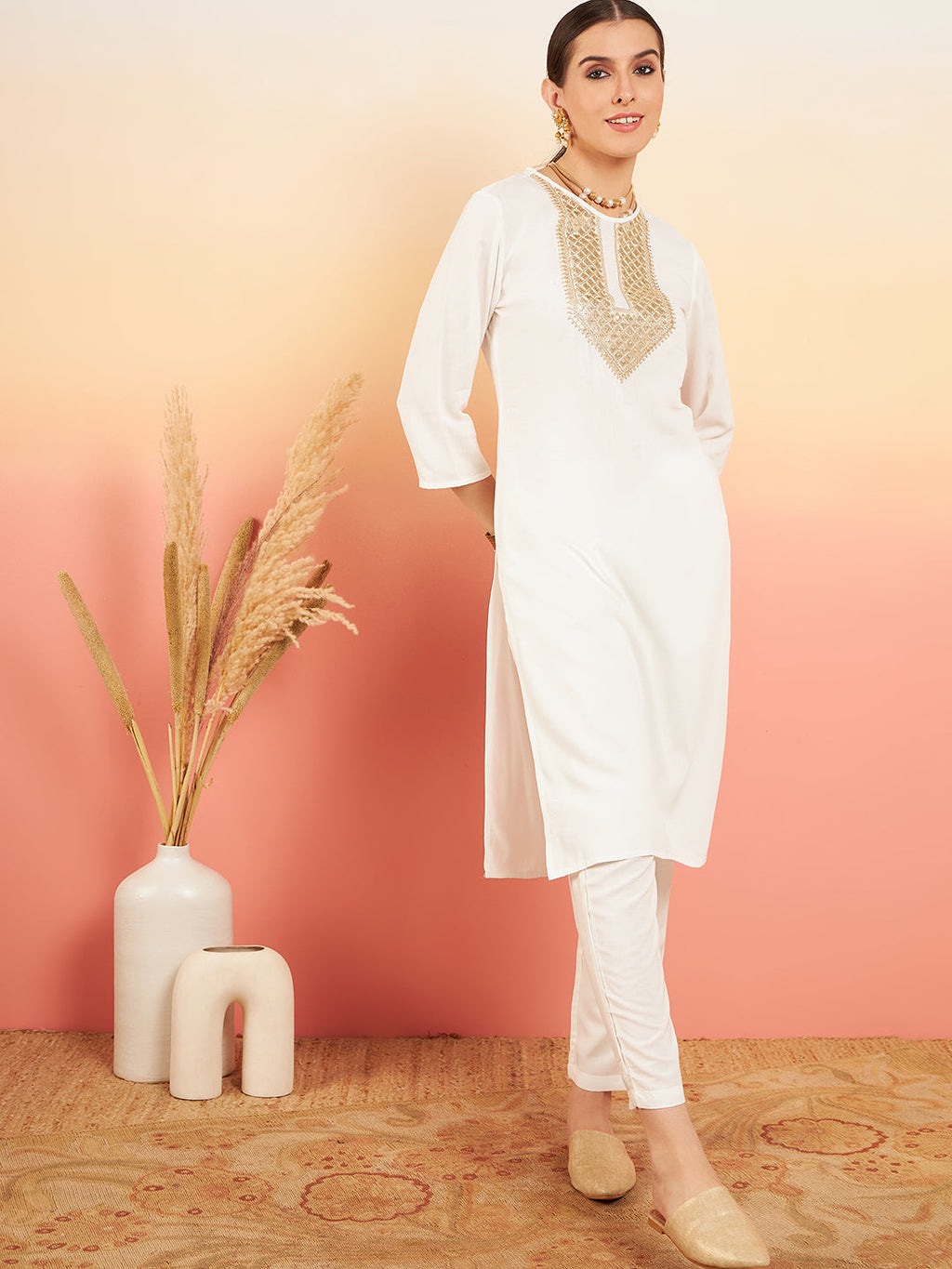 InWeave Women's Cream Sequance Patch Work Kurta Set