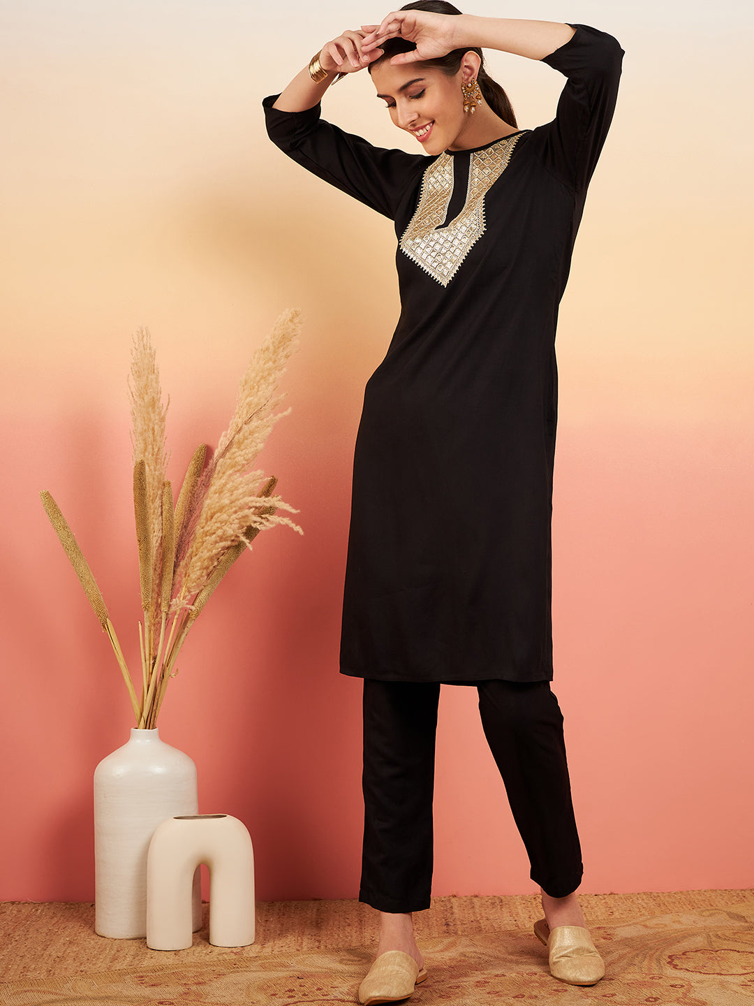 InWeave Women's Black Sequance Patch Work Kurta Set