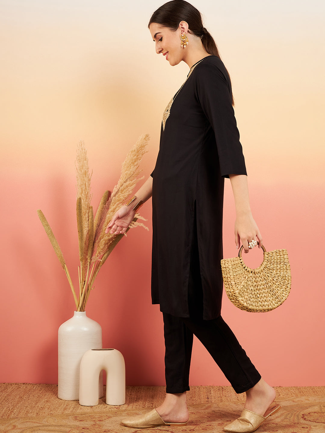 InWeave Women's Black Sequance Patch Work Kurta Set