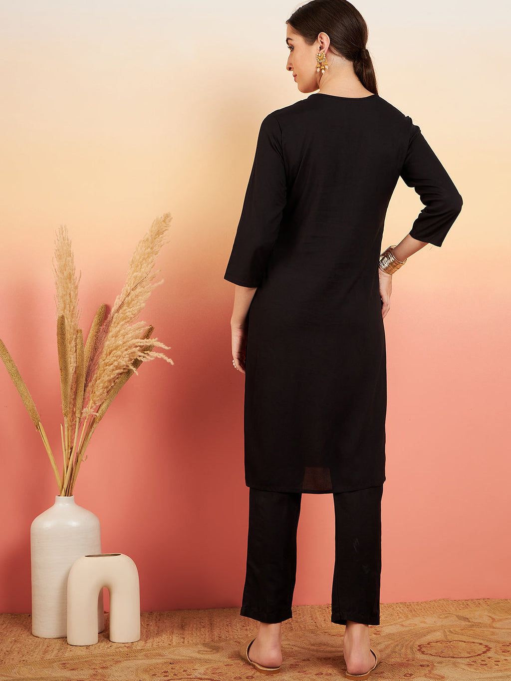 InWeave Women's Black Sequance Patch Work Kurta Set