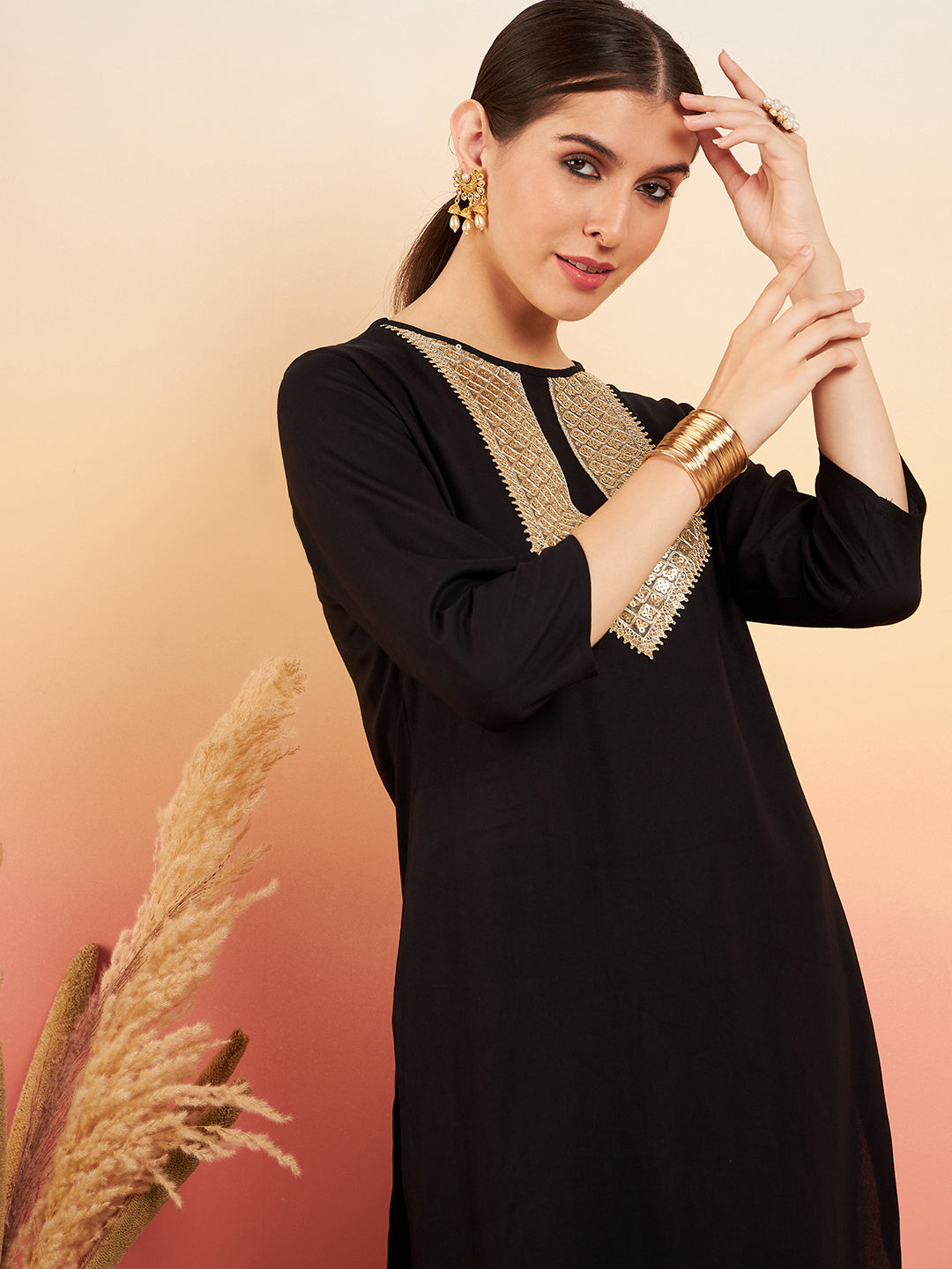 InWeave Women's Black Sequance Patch Work Kurta Set