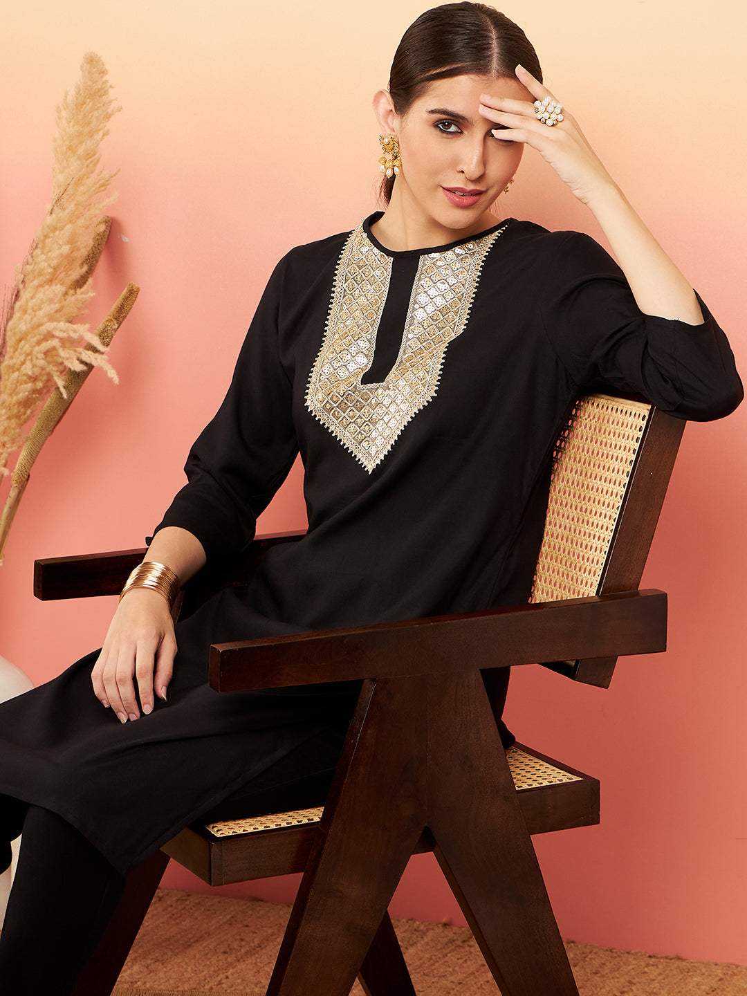 InWeave Women's Black Sequance Patch Work Kurta Set