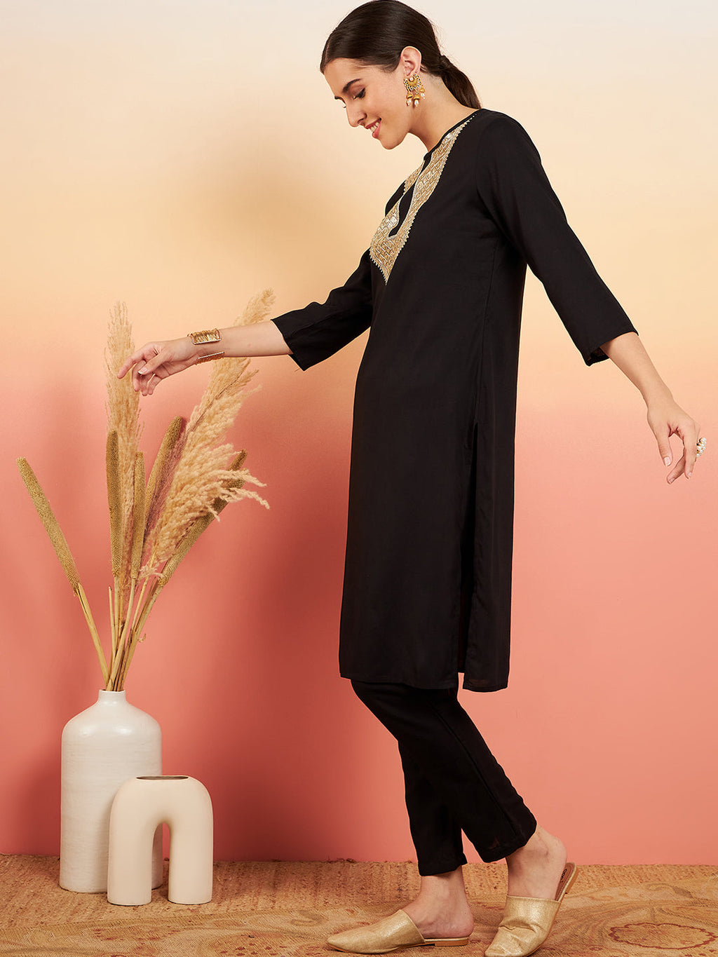 InWeave Women's Black Sequance Patch Work Kurta Set