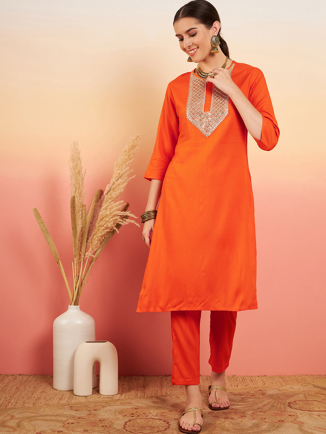InWeave Women's Orange Sequance Patch Work Kurta Set