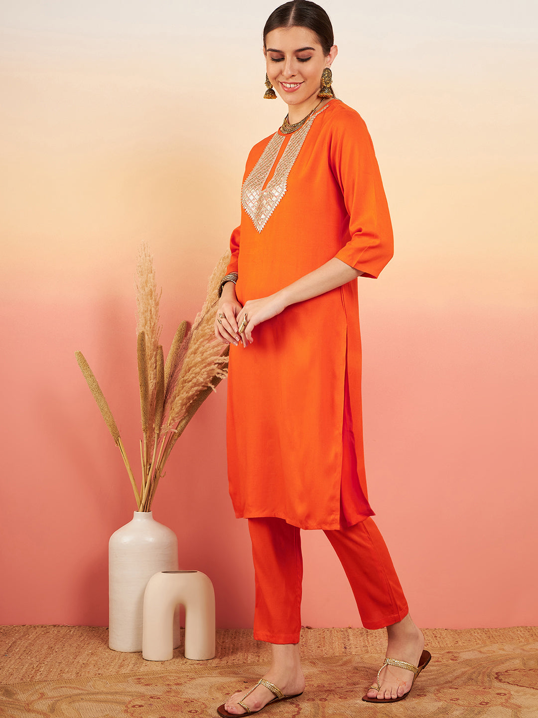 InWeave Women's Orange Sequance Patch Work Kurta Set