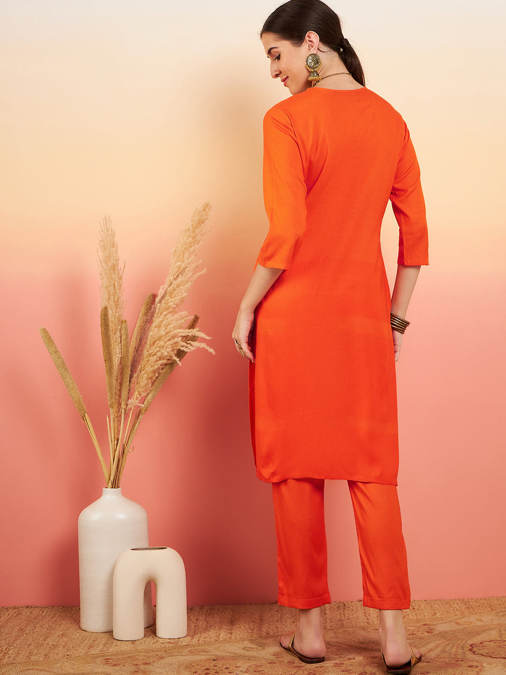 InWeave Women's Orange Sequance Patch Work Kurta Set