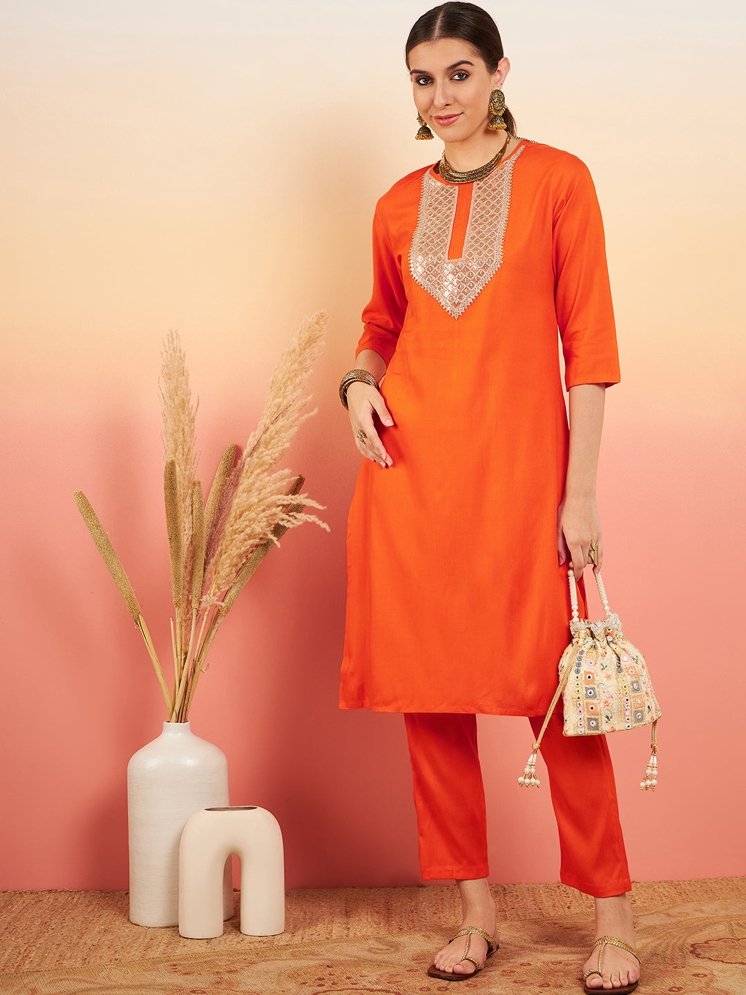 InWeave Women's Orange Sequance Patch Work Kurta Set