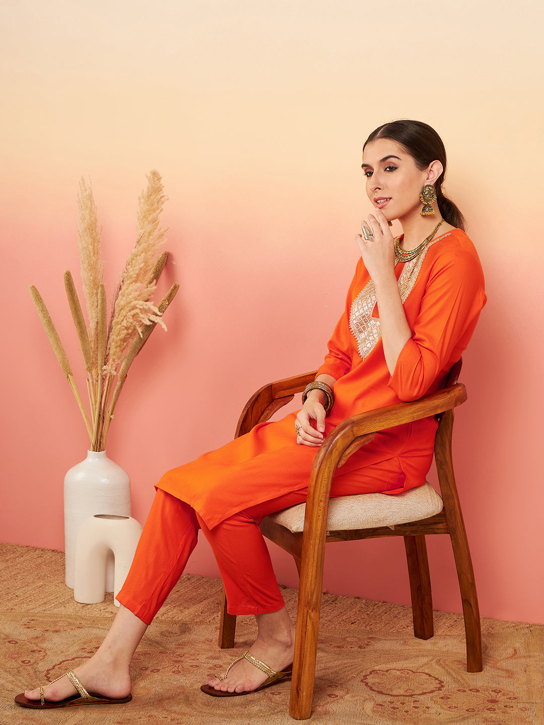 InWeave Women's Orange Sequance Patch Work Kurta Set