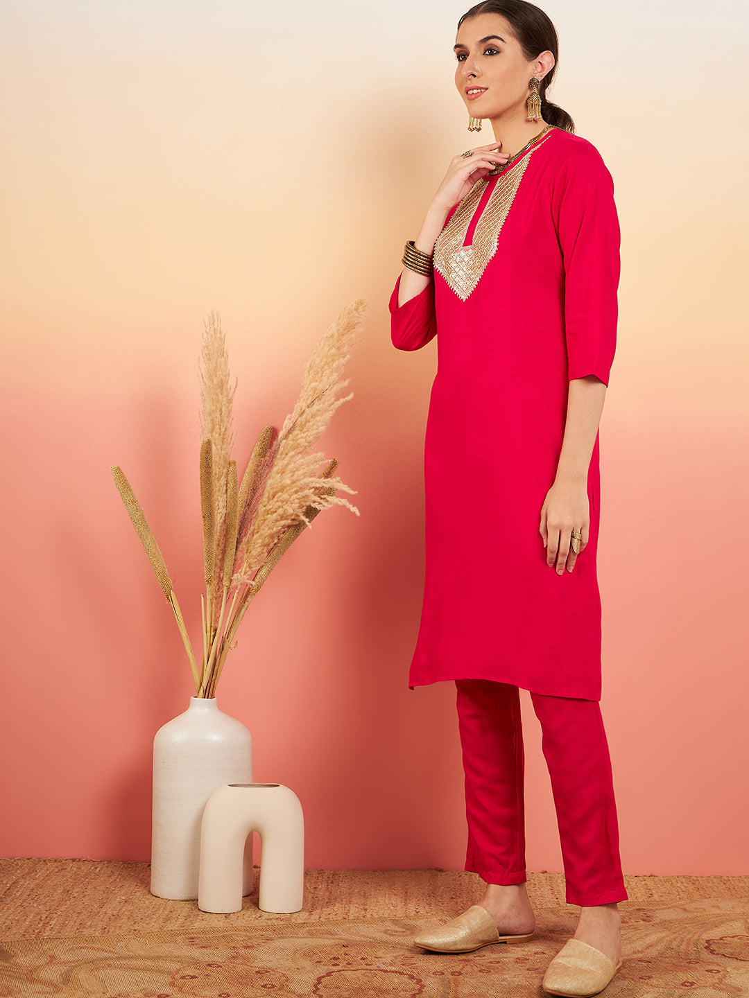 InWeave Women's Fuschia Sequance Patch Work Kurta Set