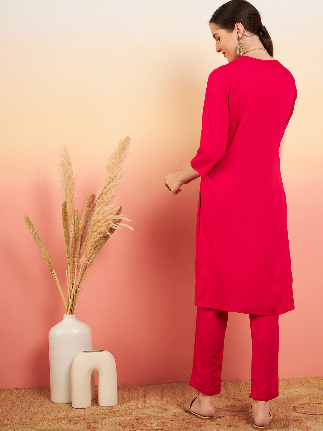 InWeave Women's Fuschia Sequance Patch Work Kurta Set
