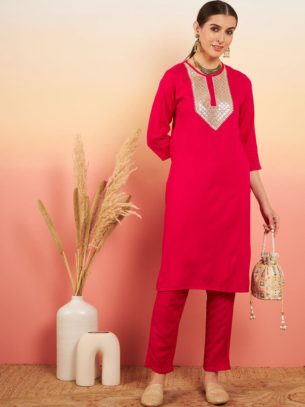 InWeave Women's Fuschia Sequance Patch Work Kurta Set