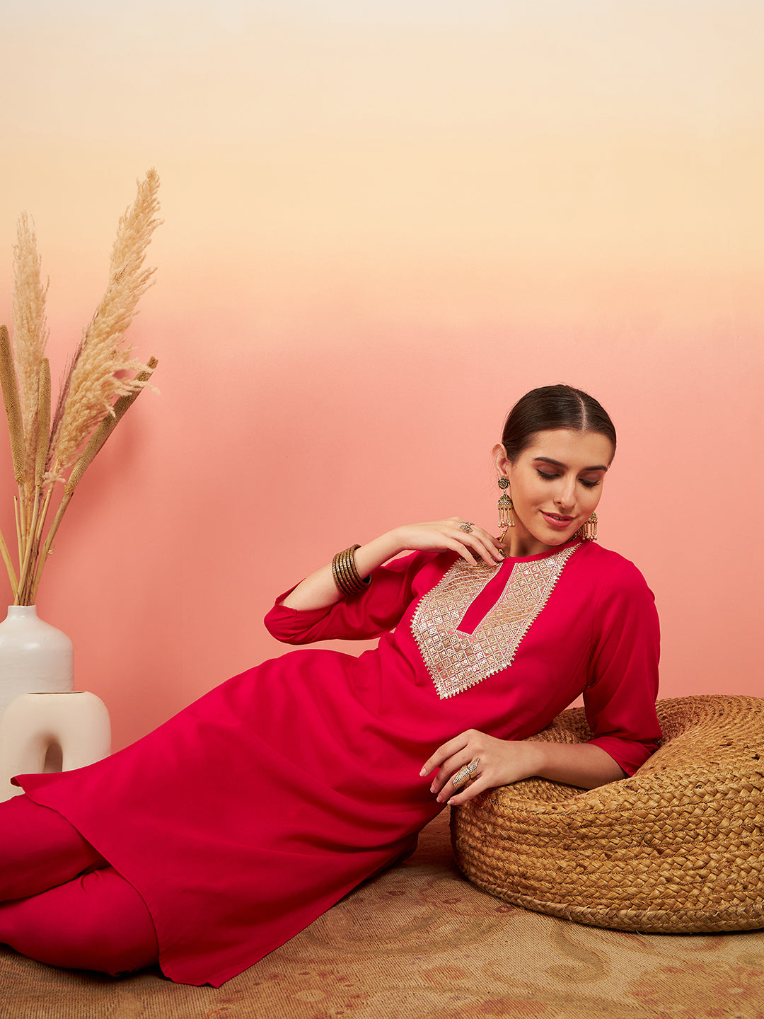InWeave Women's Fuschia Sequance Patch Work Kurta Set