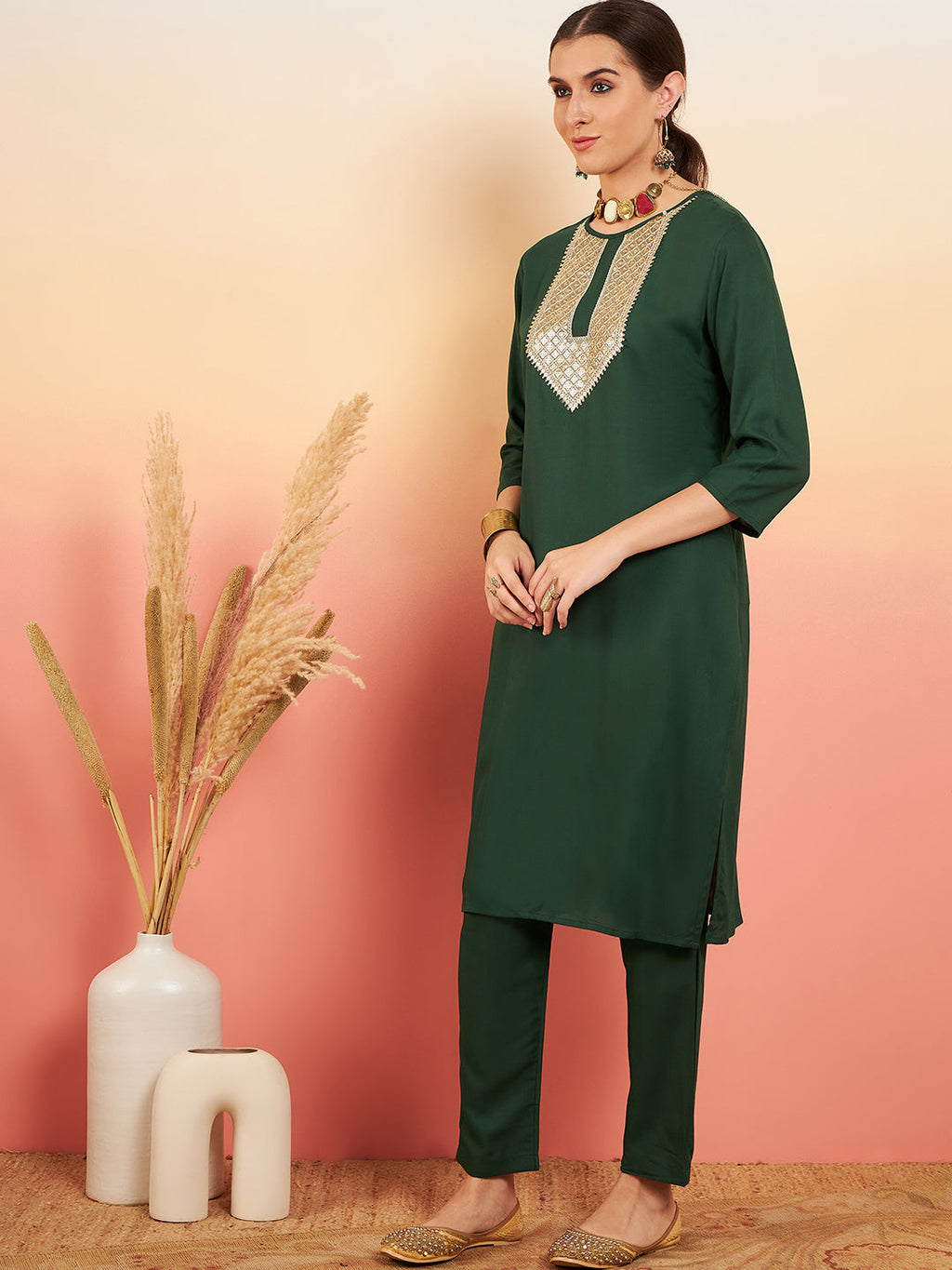 InWeave Women's Dark Green Sequance Patch Work Kurta Set
