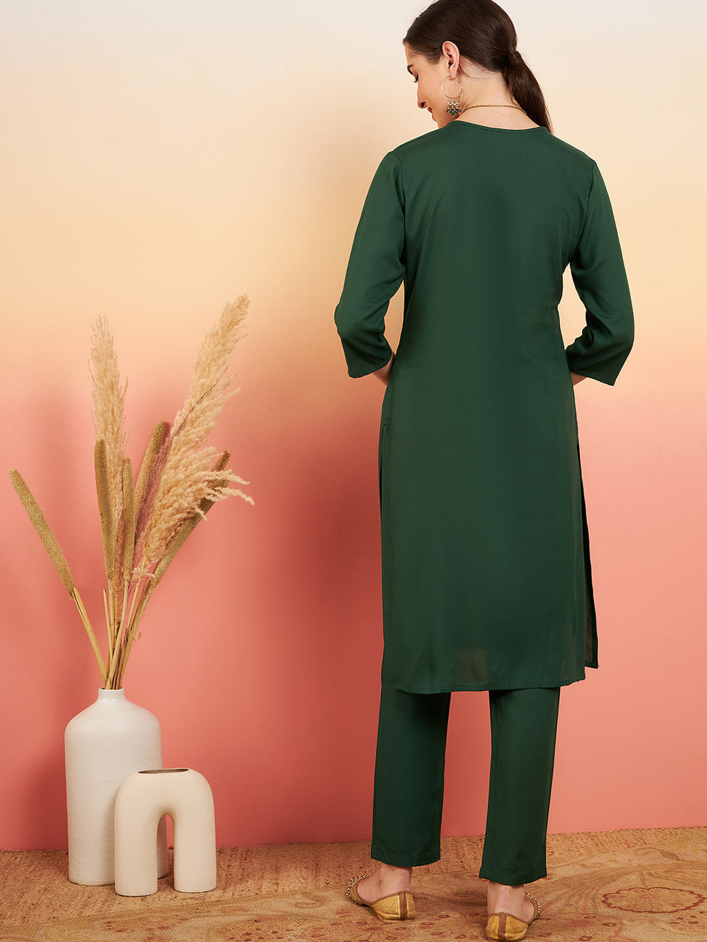 InWeave Women's Dark Green Sequance Patch Work Kurta Set