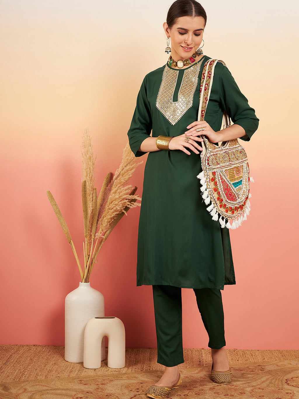 InWeave Women's Dark Green Sequance Patch Work Kurta Set