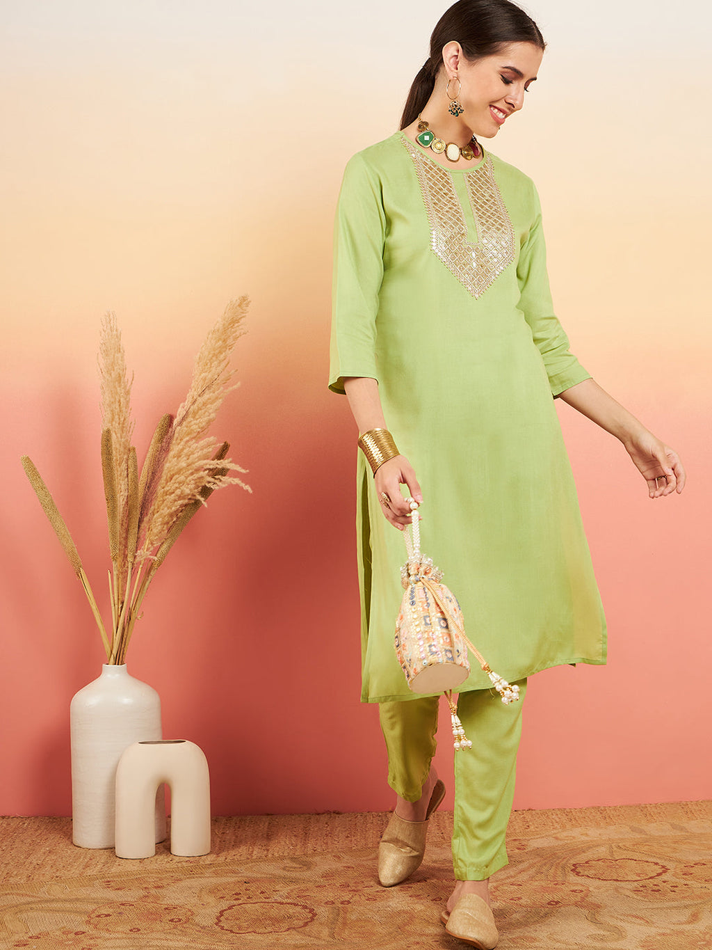 InWeave Women's Pear Green Sequance Patch Work Kurta Set