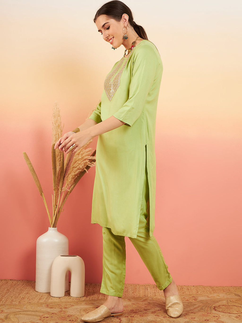 InWeave Women's Pear Green Sequance Patch Work Kurta Set
