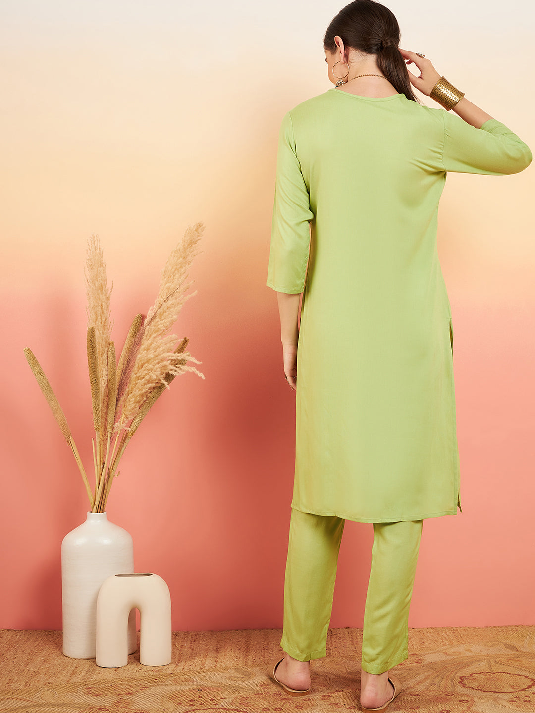 InWeave Women's Pear Green Sequance Patch Work Kurta Set