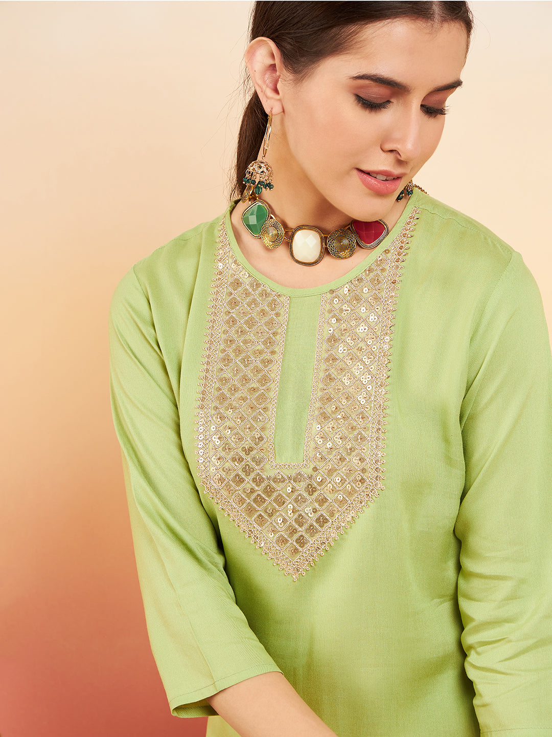 InWeave Women's Pear Green Sequance Patch Work Kurta Set