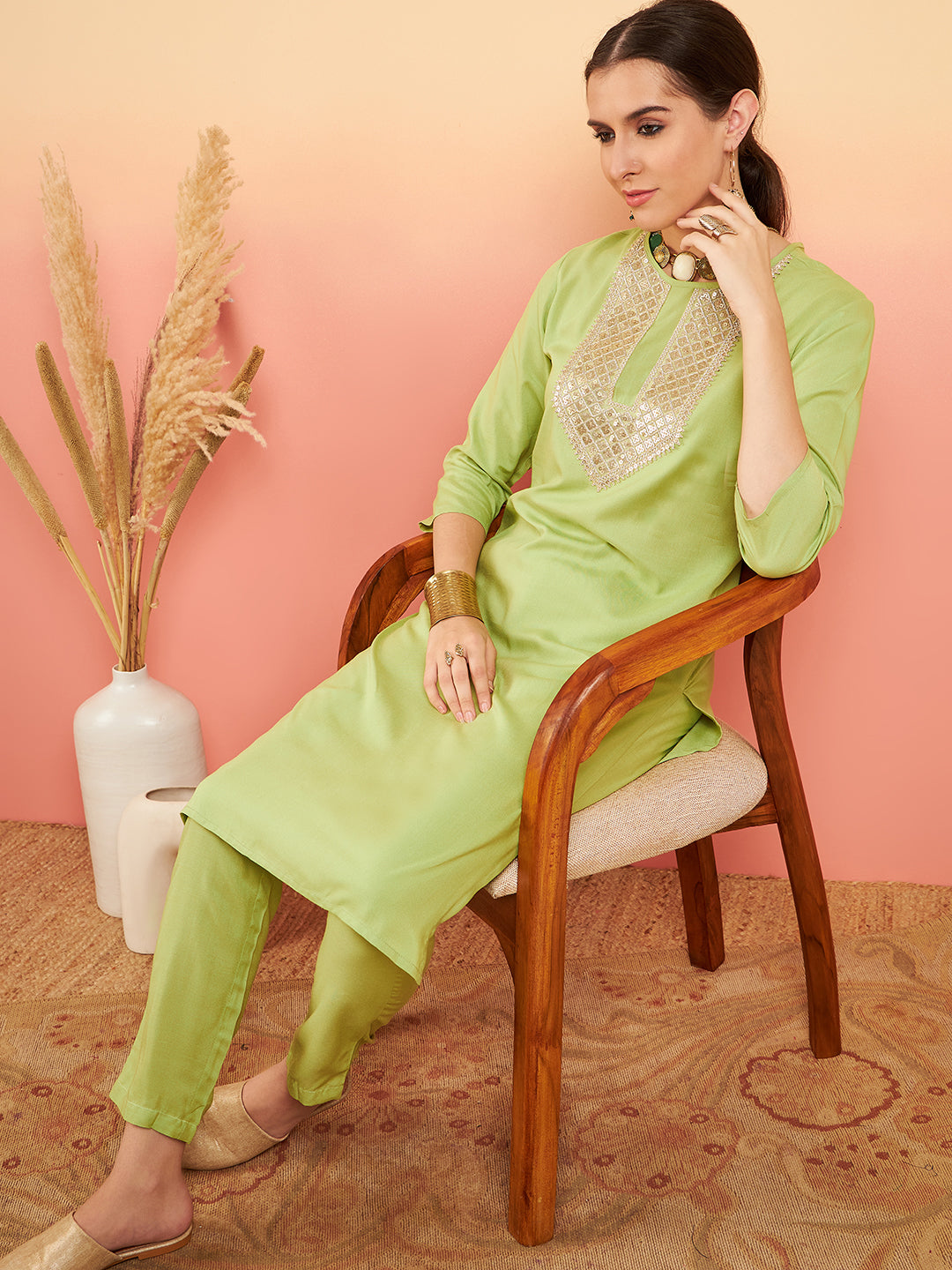 InWeave Women's Pear Green Sequance Patch Work Kurta Set
