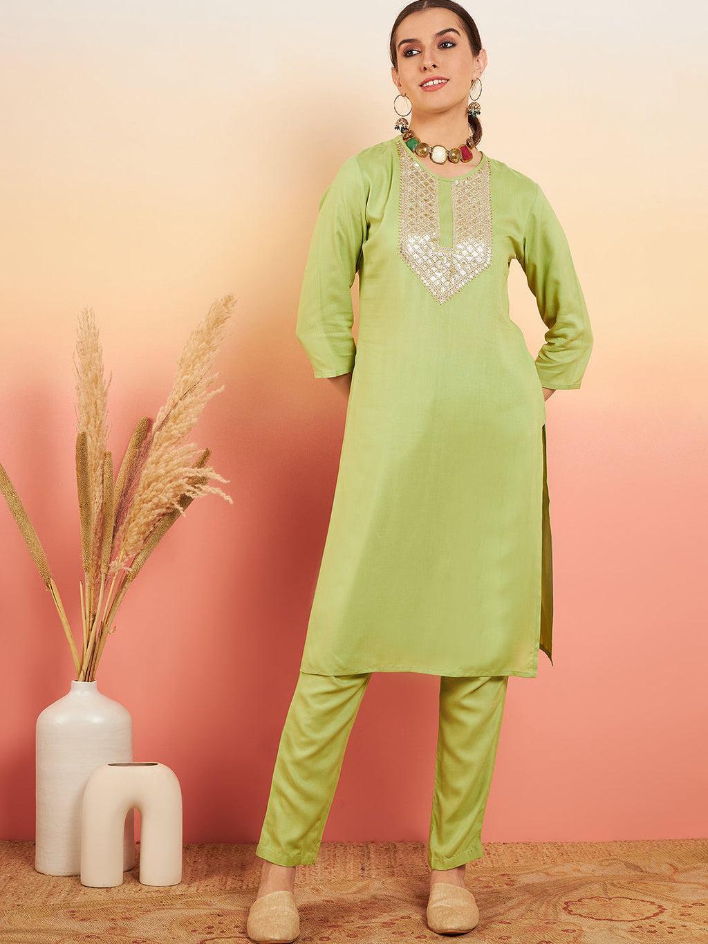 InWeave Women's Pear Green Sequance Patch Work Kurta Set