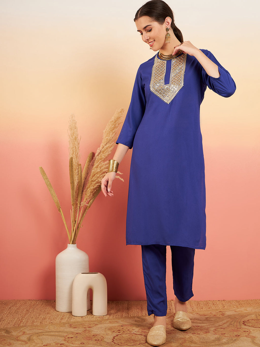 InWeave Women's Ink Blue Sequance Patch Work Kurta Set