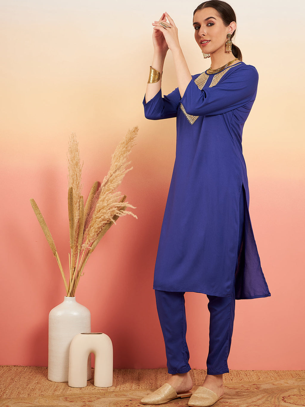 InWeave Women's Ink Blue Sequance Patch Work Kurta Set