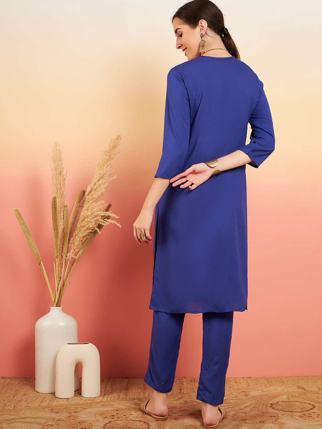 InWeave Women's Ink Blue Sequance Patch Work Kurta Set