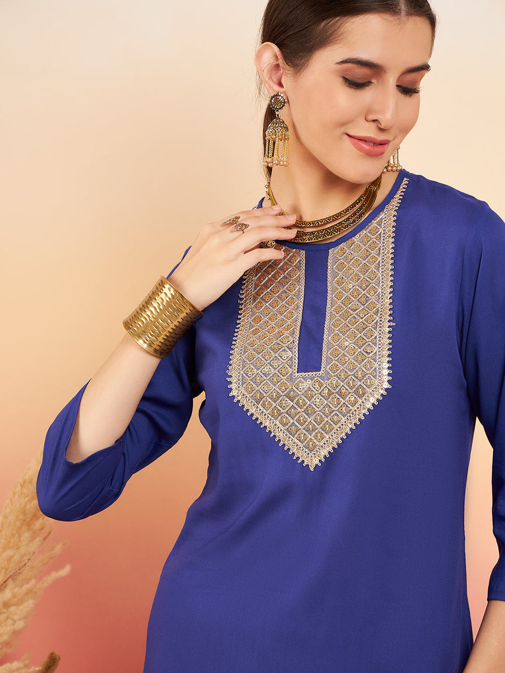 InWeave Women's Ink Blue Sequance Patch Work Kurta Set