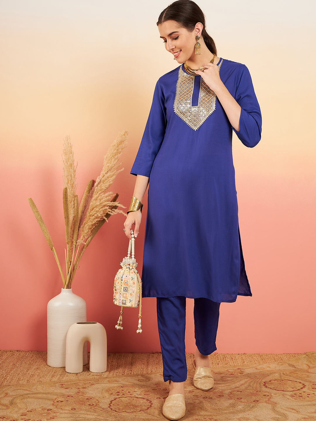 InWeave Women's Ink Blue Sequance Patch Work Kurta Set