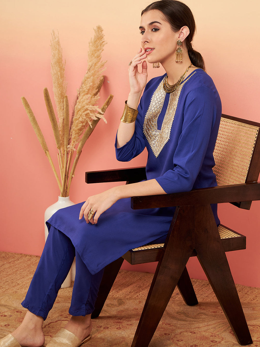InWeave Women's Ink Blue Sequance Patch Work Kurta Set