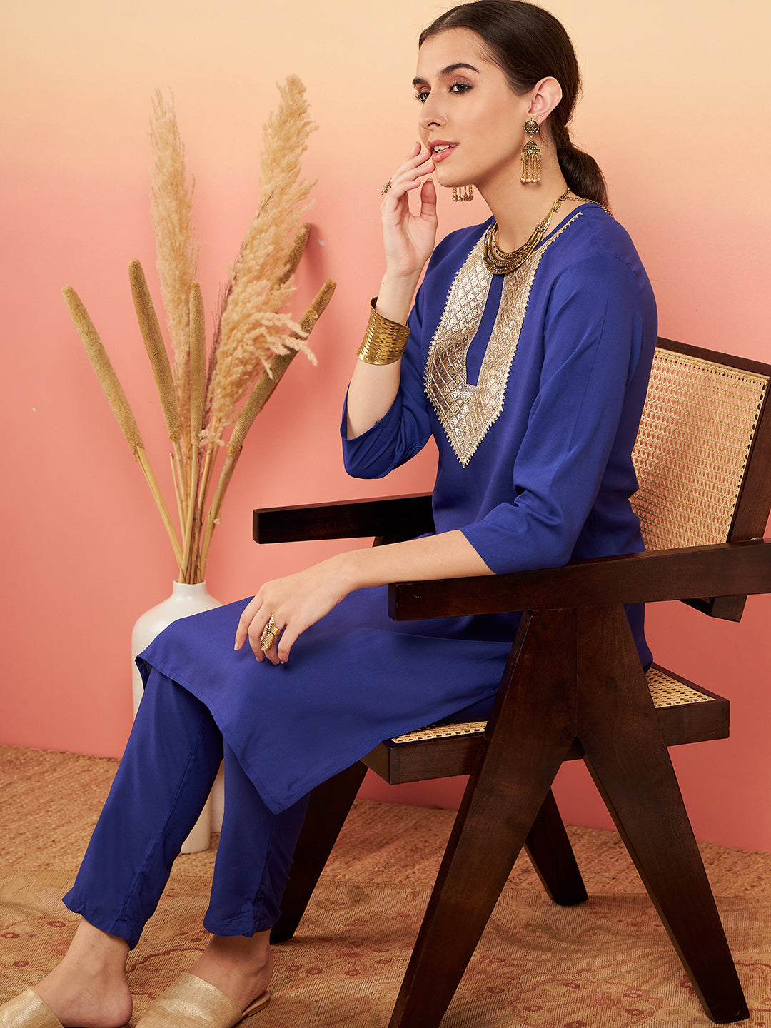 InWeave Women's Ink Blue Sequance Patch Work Kurta Set