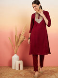 InWeave Women's Maroon Sequance Patch Work Kurta Set