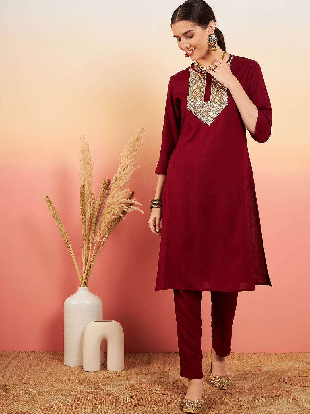 InWeave Women's Maroon Sequance Patch Work Kurta Set
