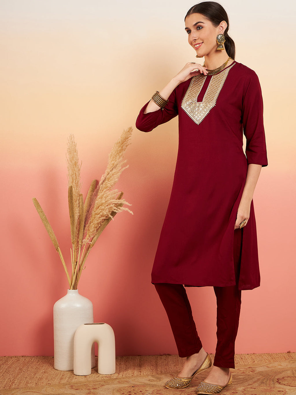 InWeave Women's Maroon Sequance Patch Work Kurta Set
