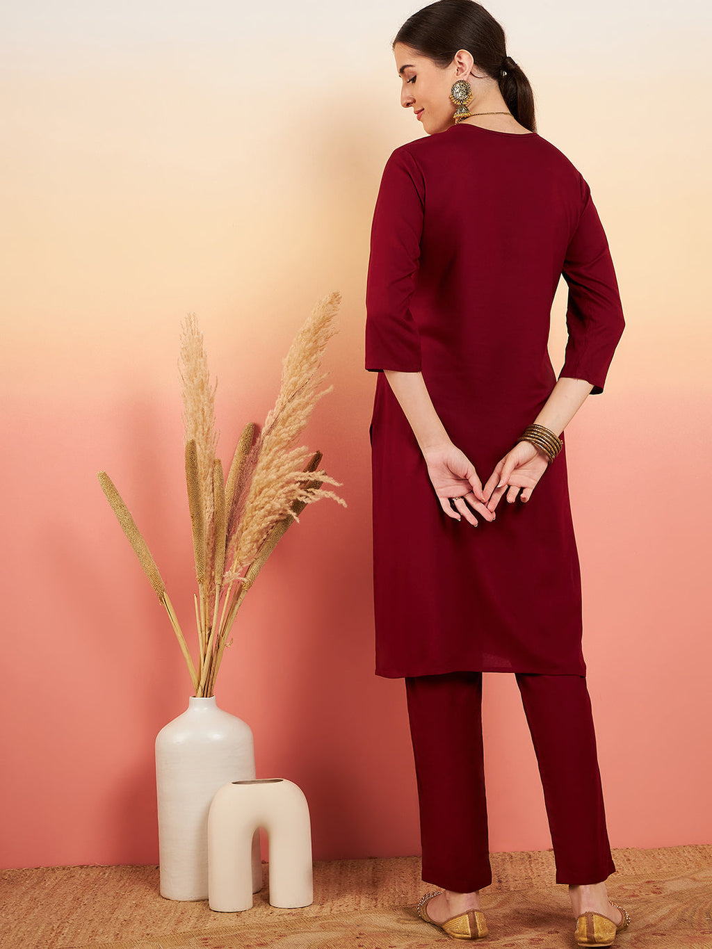 InWeave Women's Maroon Sequance Patch Work Kurta Set