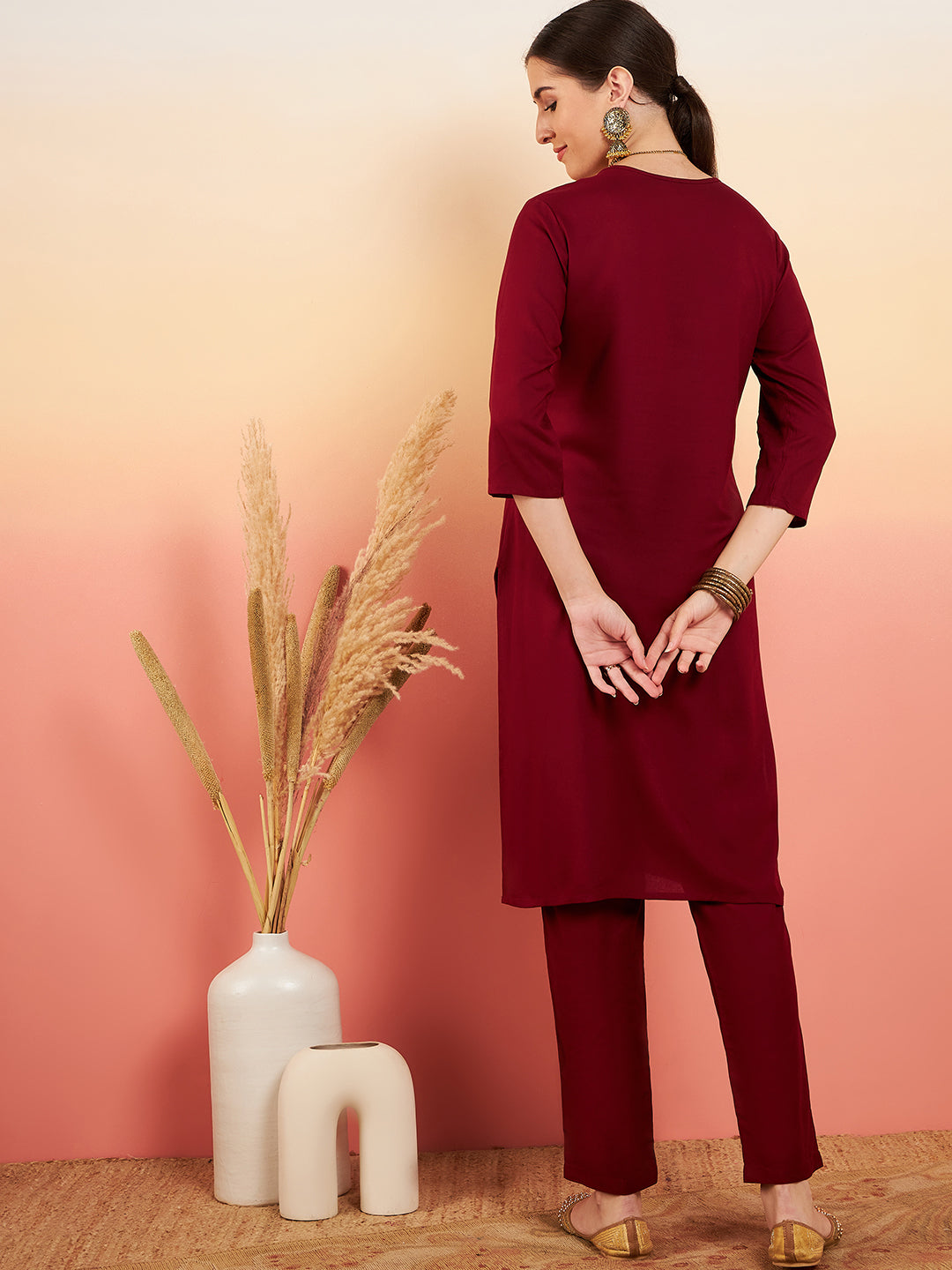 InWeave Women's Maroon Sequance Patch Work Kurta Set