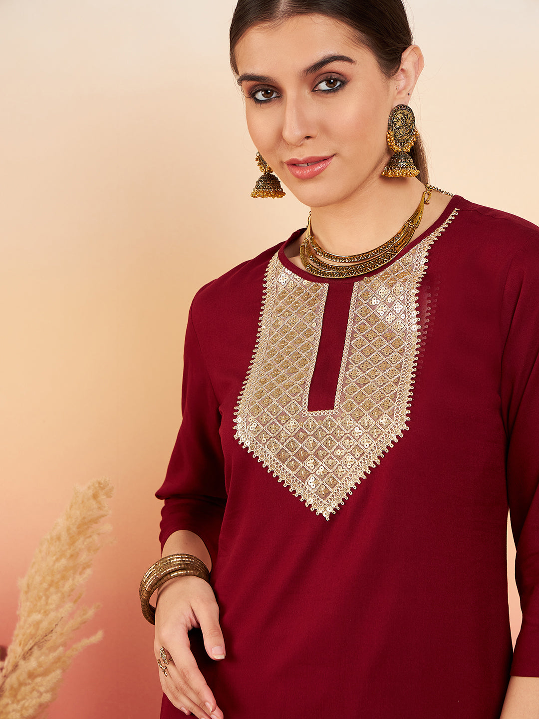 InWeave Women's Maroon Sequance Patch Work Kurta Set
