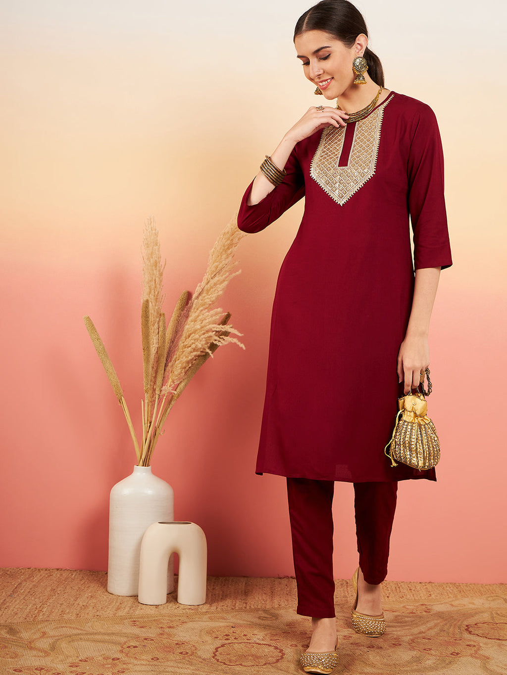 InWeave Women's Maroon Sequance Patch Work Kurta Set