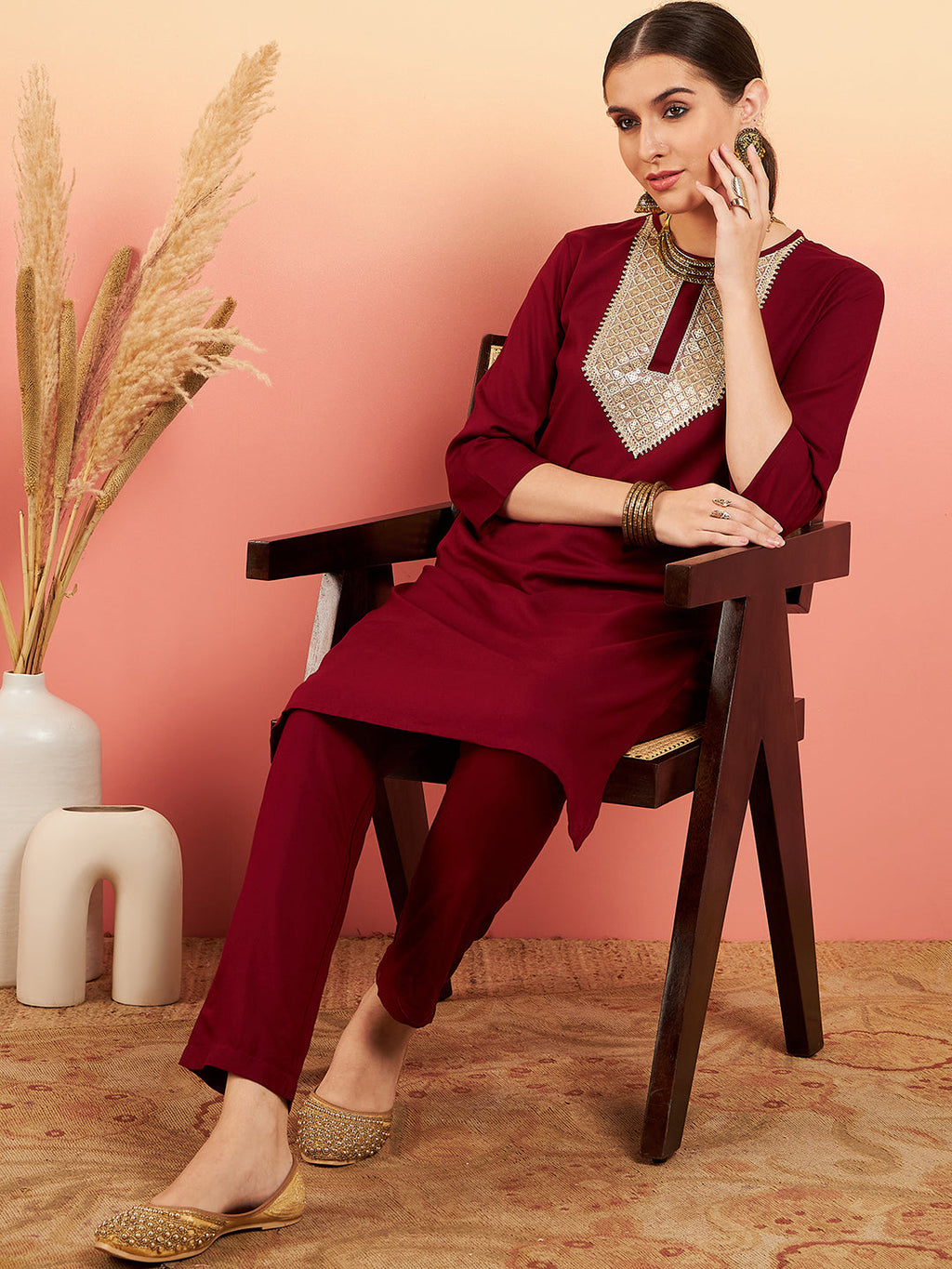 InWeave Women's Maroon Sequance Patch Work Kurta Set