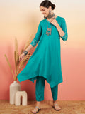 InWeave Women's Teal V Neck Gota Sleeve A Line Kurta Set