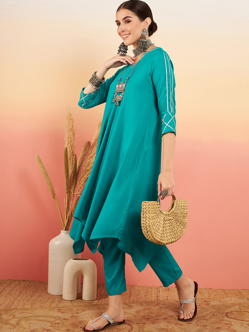 InWeave Women's Teal V Neck Gota Sleeve A Line Kurta Set