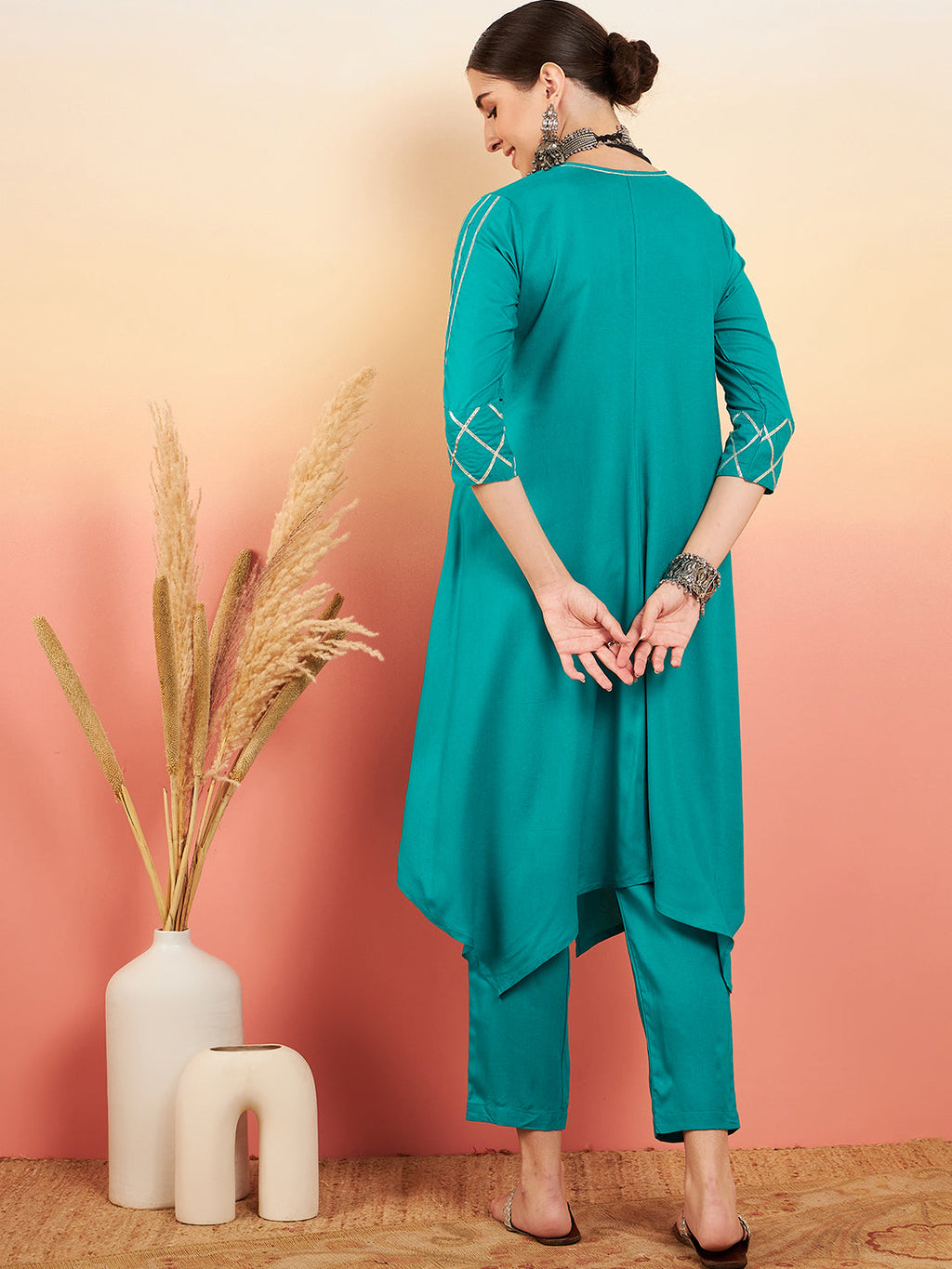 InWeave Women's Teal V Neck Gota Sleeve A Line Kurta Set