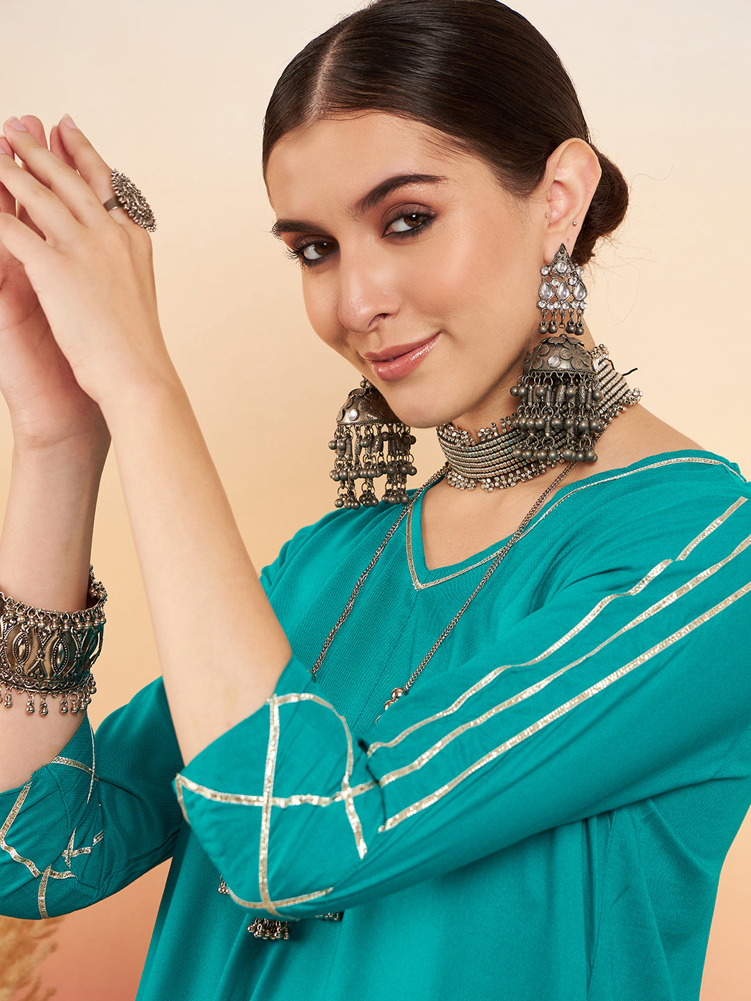 InWeave Women's Teal V Neck Gota Sleeve A Line Kurta Set