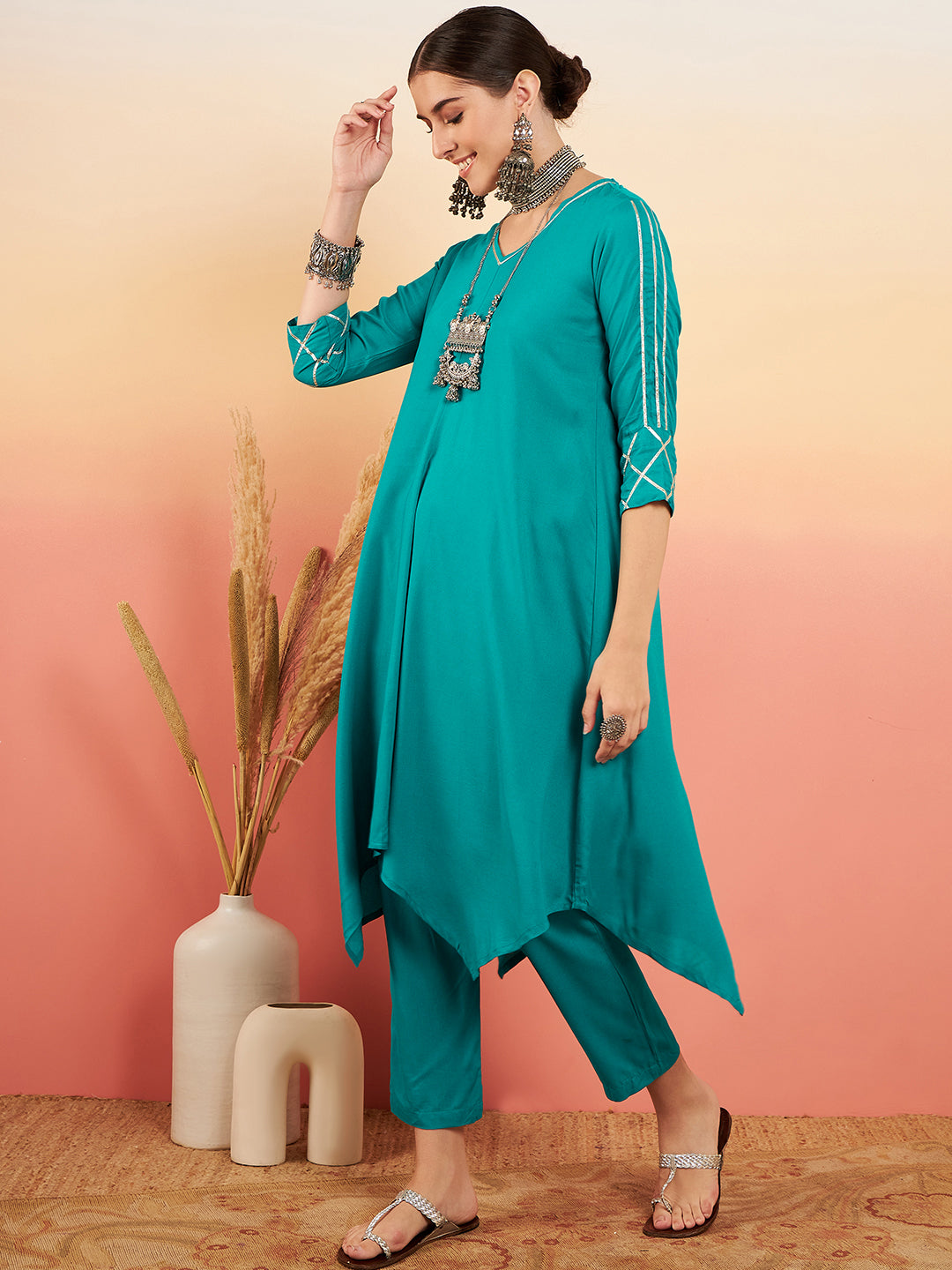 InWeave Women's Teal V Neck Gota Sleeve A Line Kurta Set