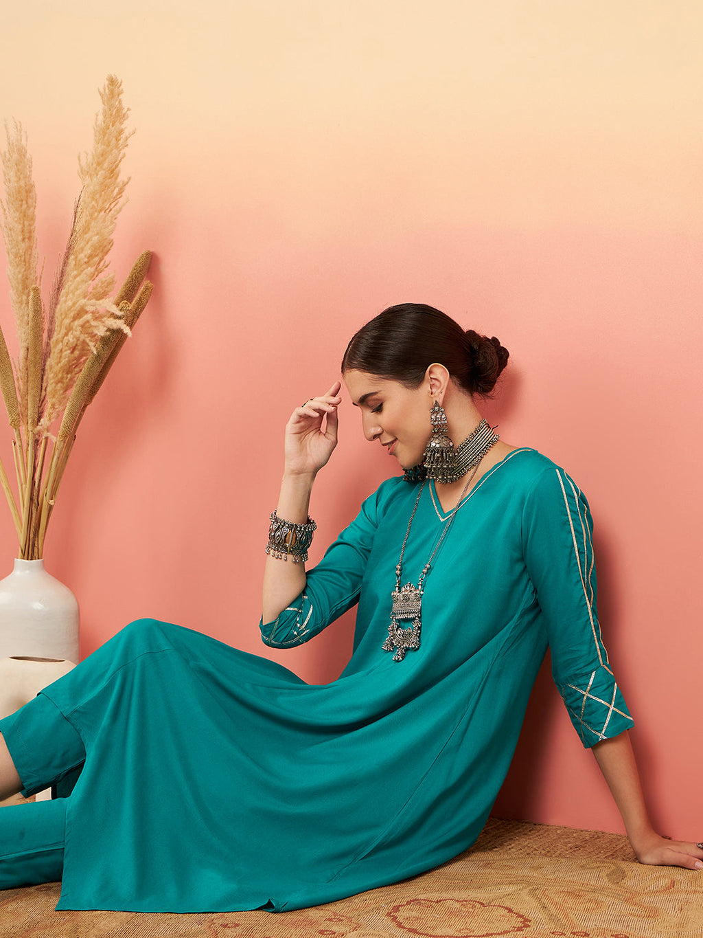 InWeave Women's Teal V Neck Gota Sleeve A Line Kurta Set