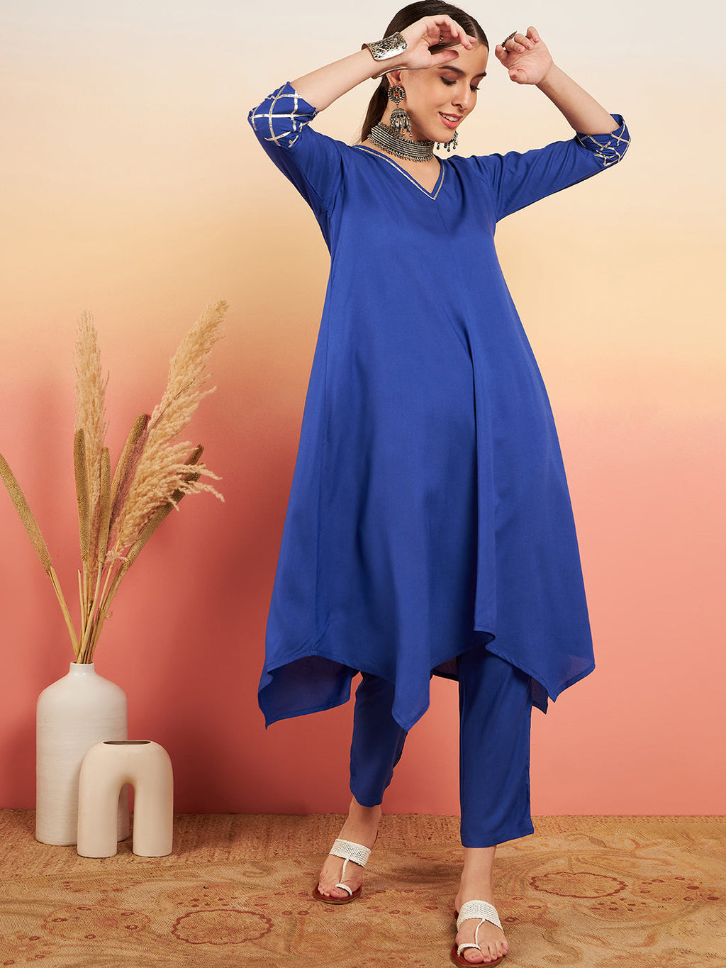 InWeave Women's Ink Blue V Neck Gota Sleeve A Line Kurta Set